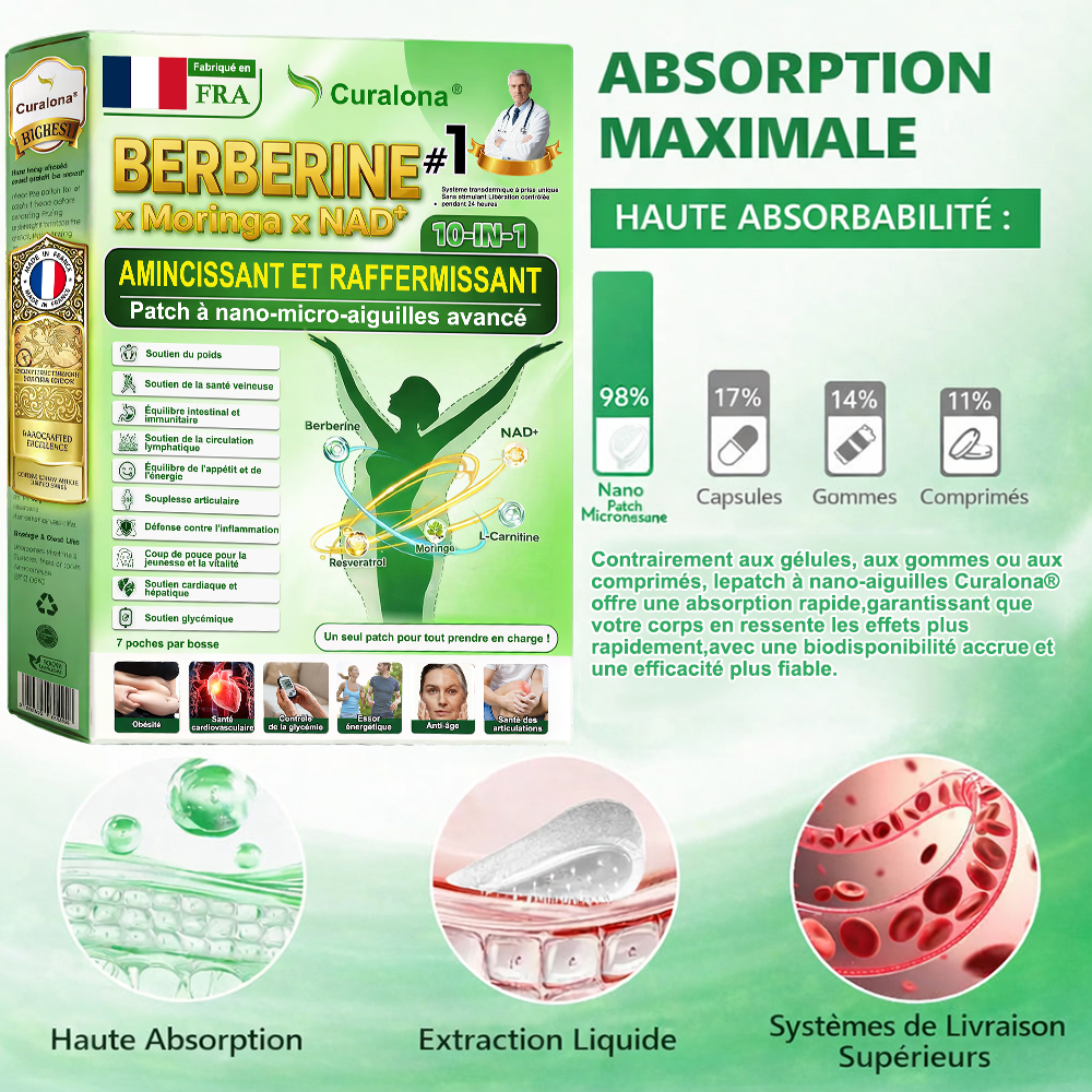🇫🇷 Boutique Officielle France | 🧑‍⚕️🩺 𝗖𝘂𝗿𝗮𝗹𝗼𝗻𝗮® Berbérine · Moringa × NAD+ Patch Nano Microneedle 10-en-1 Avancé  💪 Une application par jour — des résultats visibles dès 7 jours